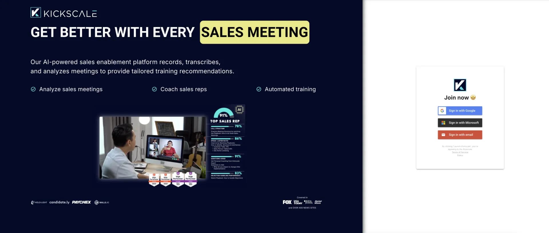 Kickscale homepage screenshot — AI-powered sales enablement for better meetings.