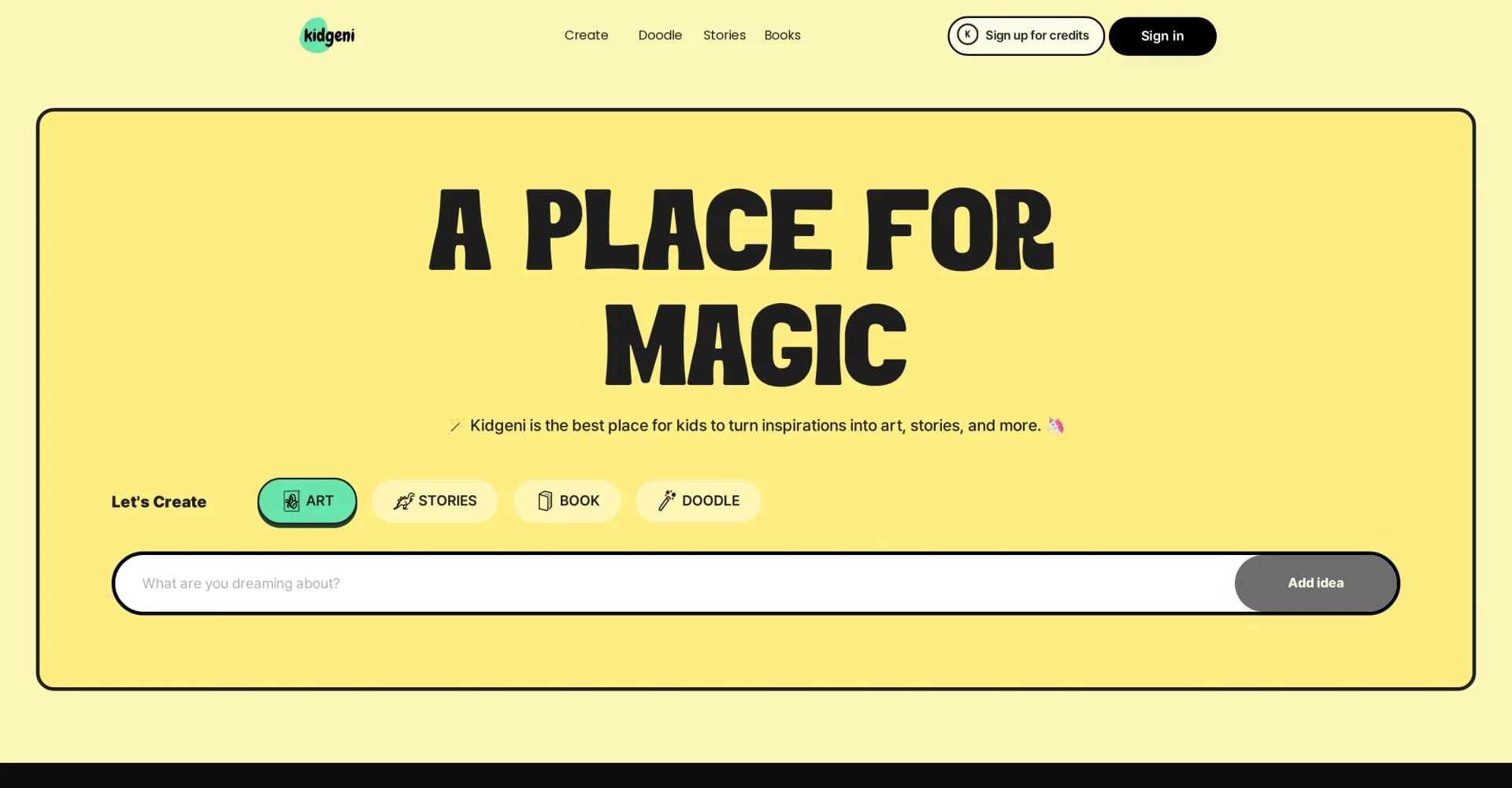 Kidgeni homepage screenshot — Empower kids to explore AI through art and stories