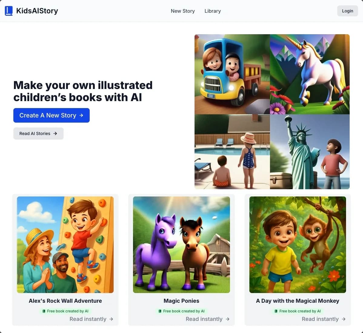 KidsAIStory homepage screenshot — Illustrated children's stories creation platform.