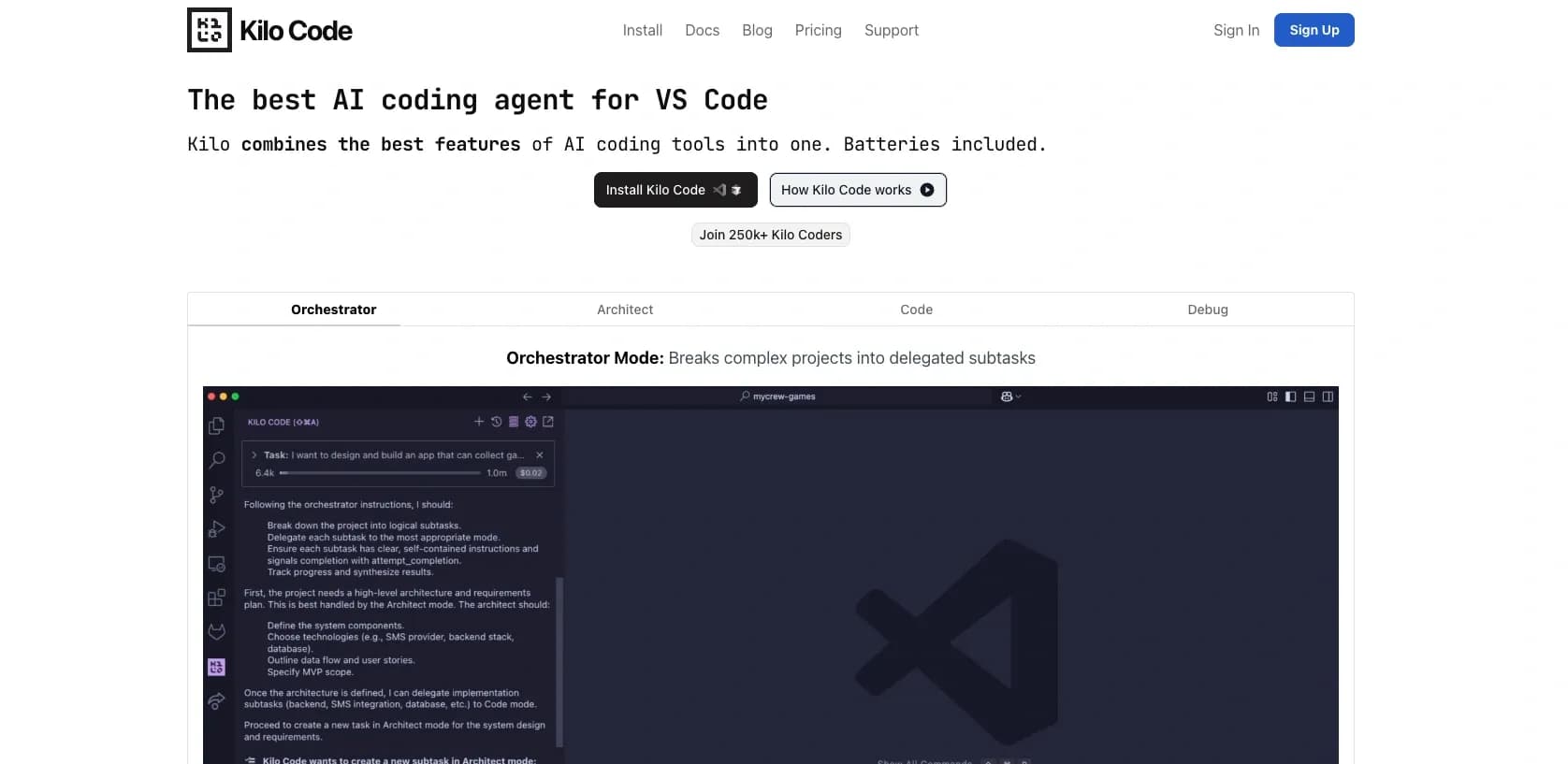 Kilo Code homepage screenshot — AI-powered coding assistant for VS Code