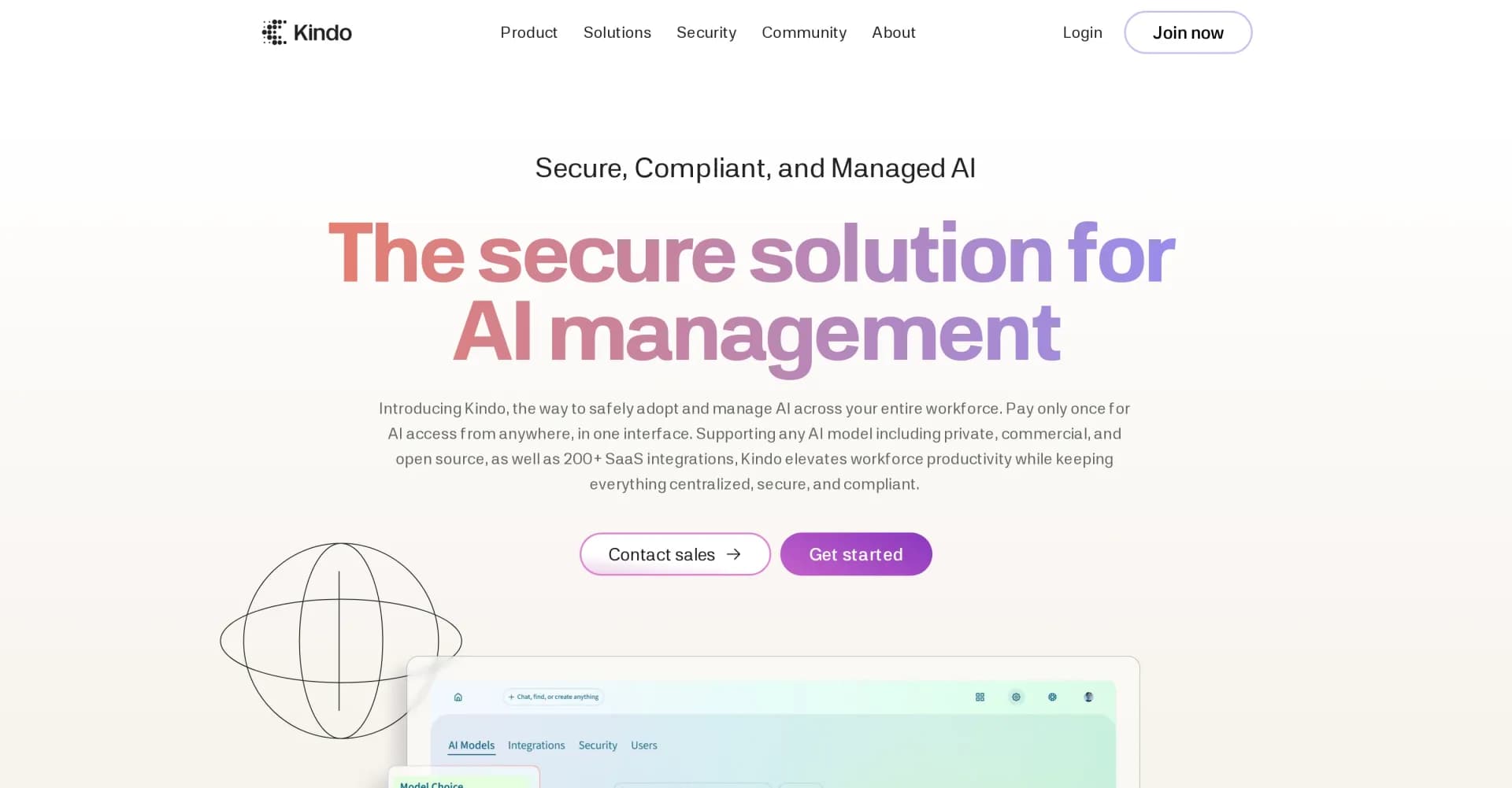 Kindo AI homepage screenshot — Centralize, secure, and manage AI across your workforce