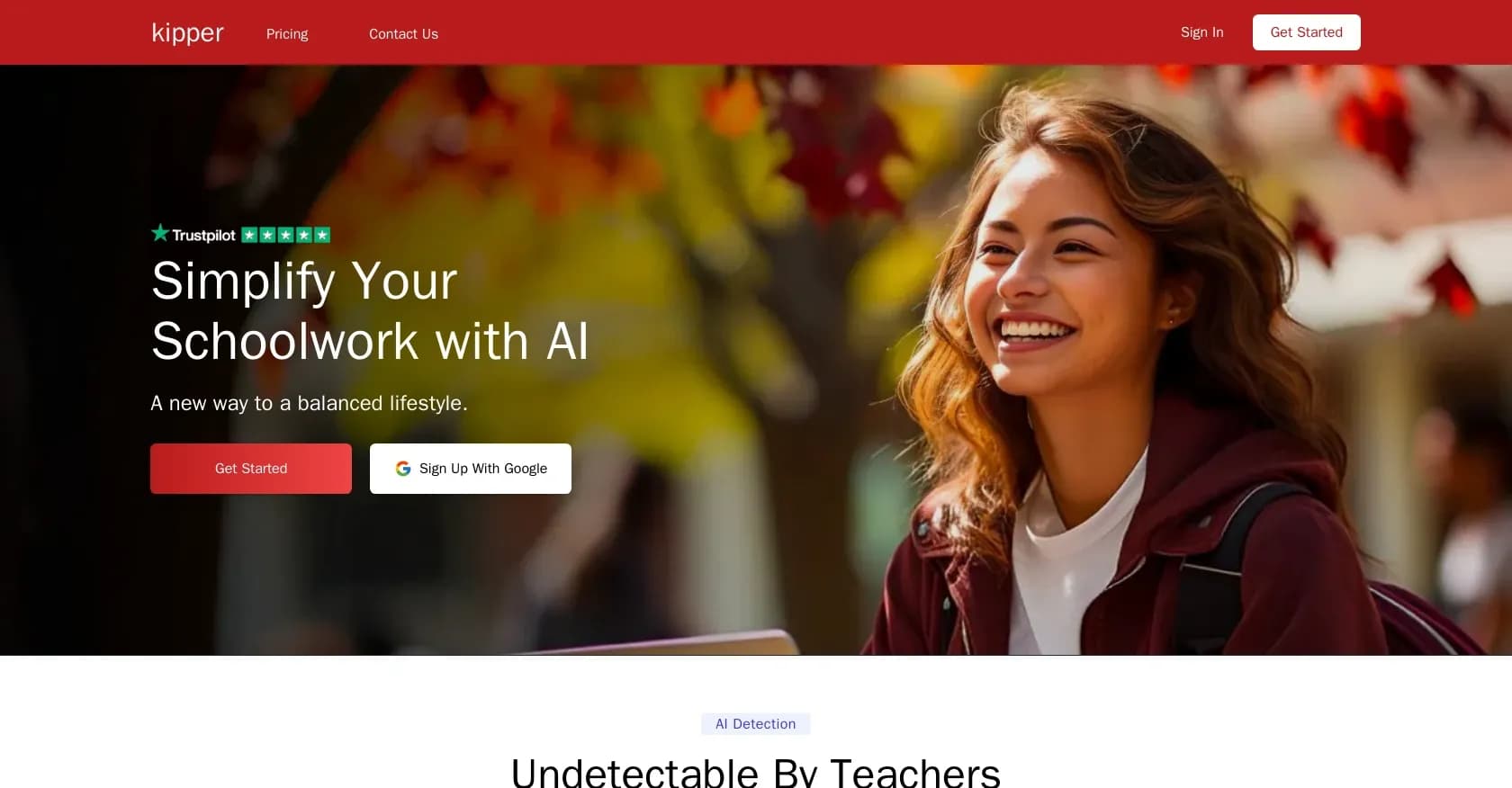 Kipper homepage screenshot — Simplify schoolwork with AI-powered essay writing.