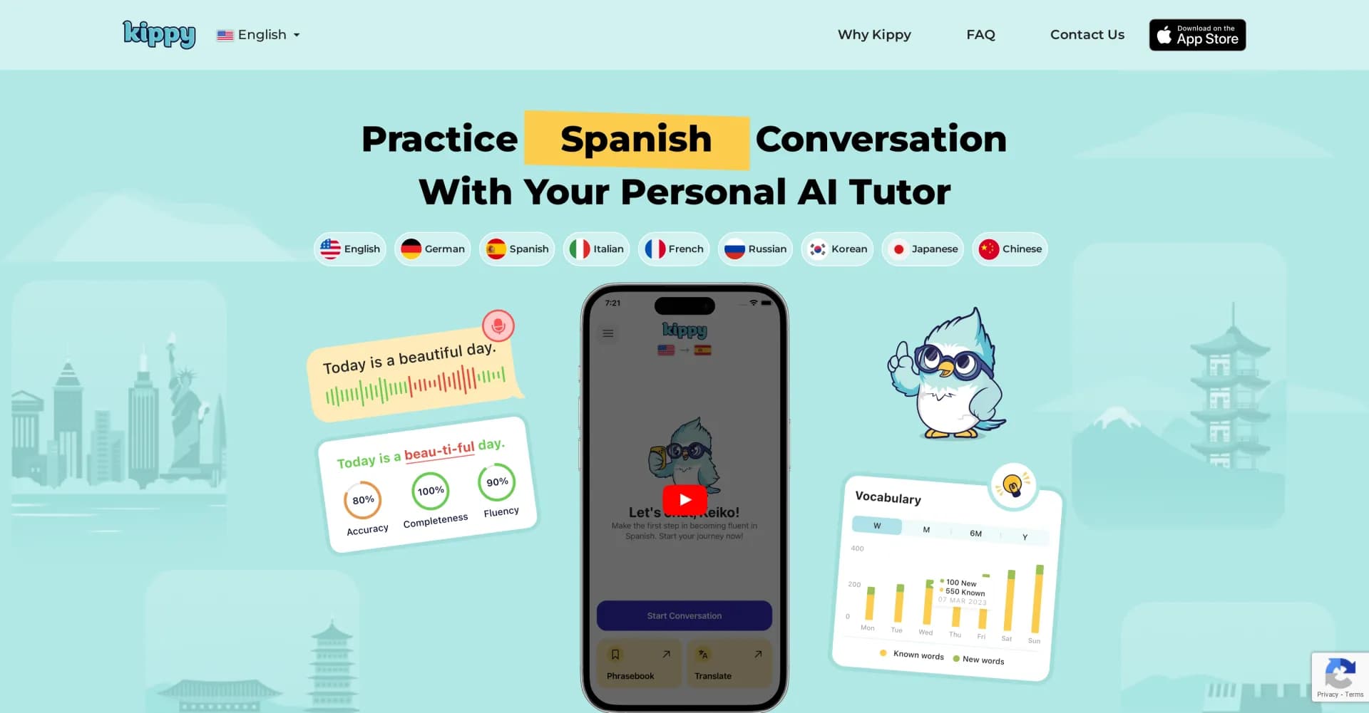 Kippy homepage screenshot — Practice languages with your AI tutor anytime, anywhere.