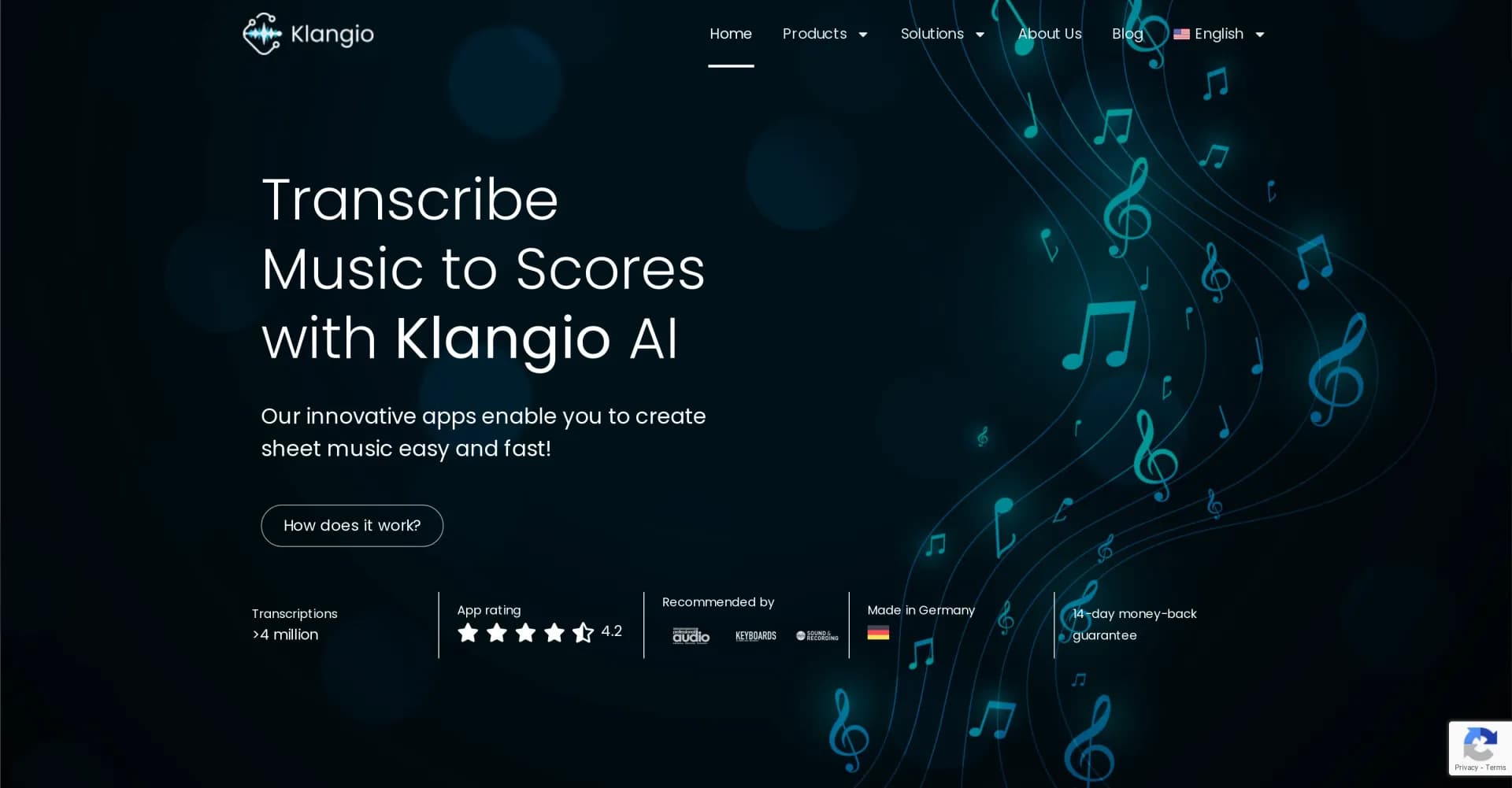 Klangio homepage screenshot — Our AI converts audio into sheet music