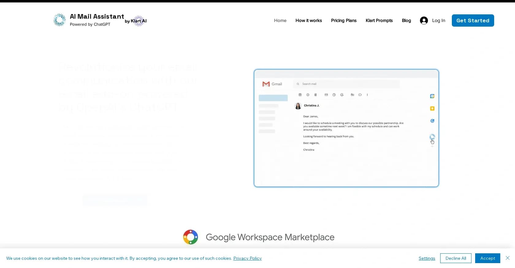Klart AI homepage screenshot — Revolutionize your Gmail inbox with AI