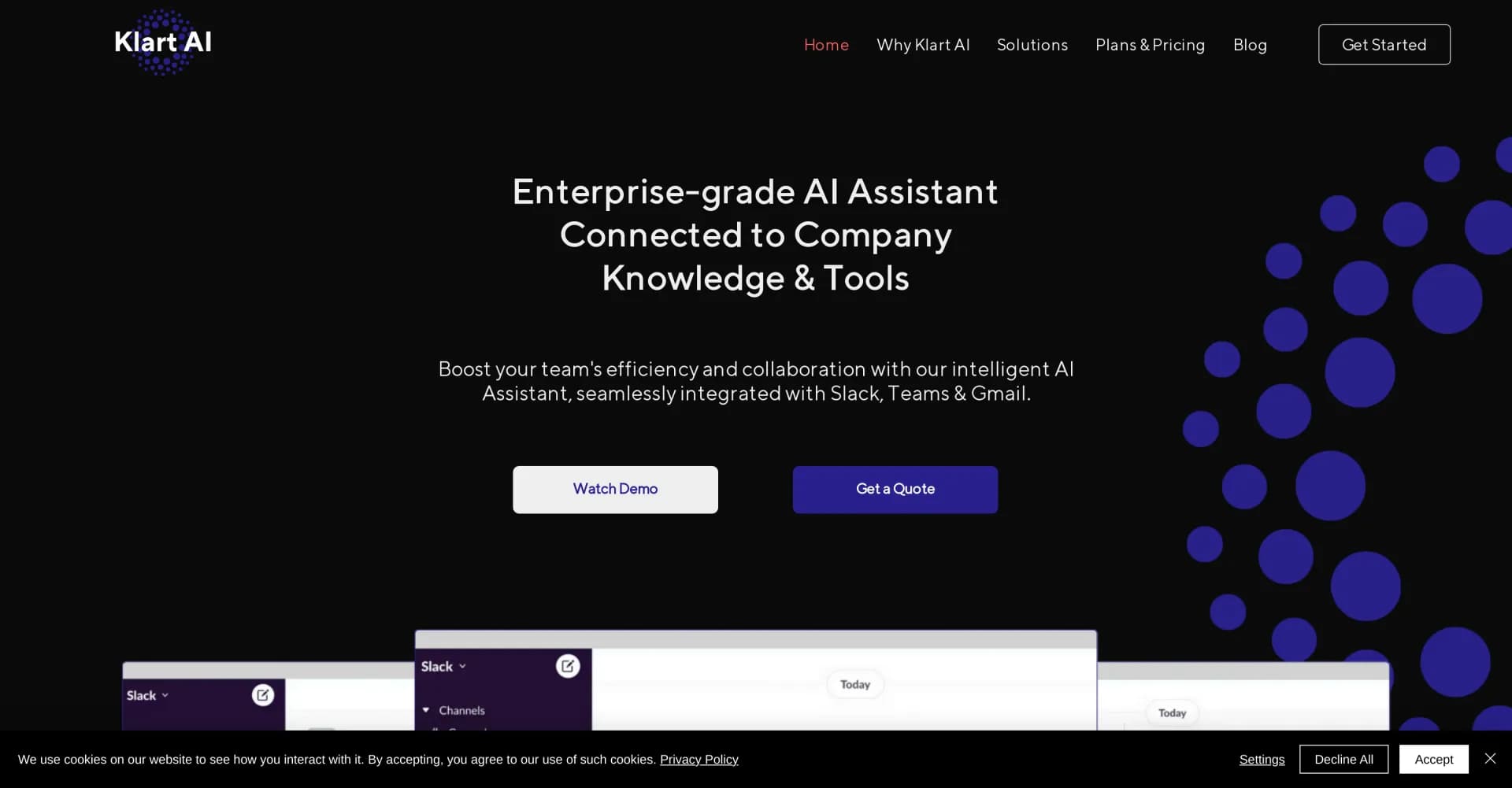 KlartAI homepage screenshot — AI assistant that boosts workplace productivity and collabor