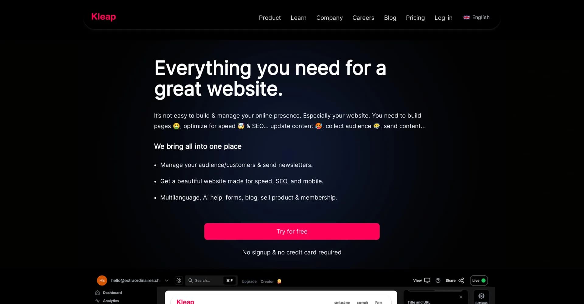 Kleap homepage screenshot — Build stunning mobile websites effortlessly