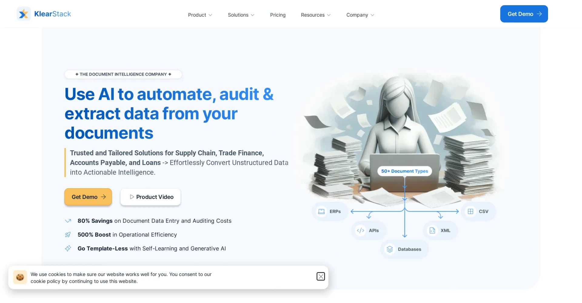 KlearStack homepage screenshot — Process documents with 99% accuracy, save 80% cost.