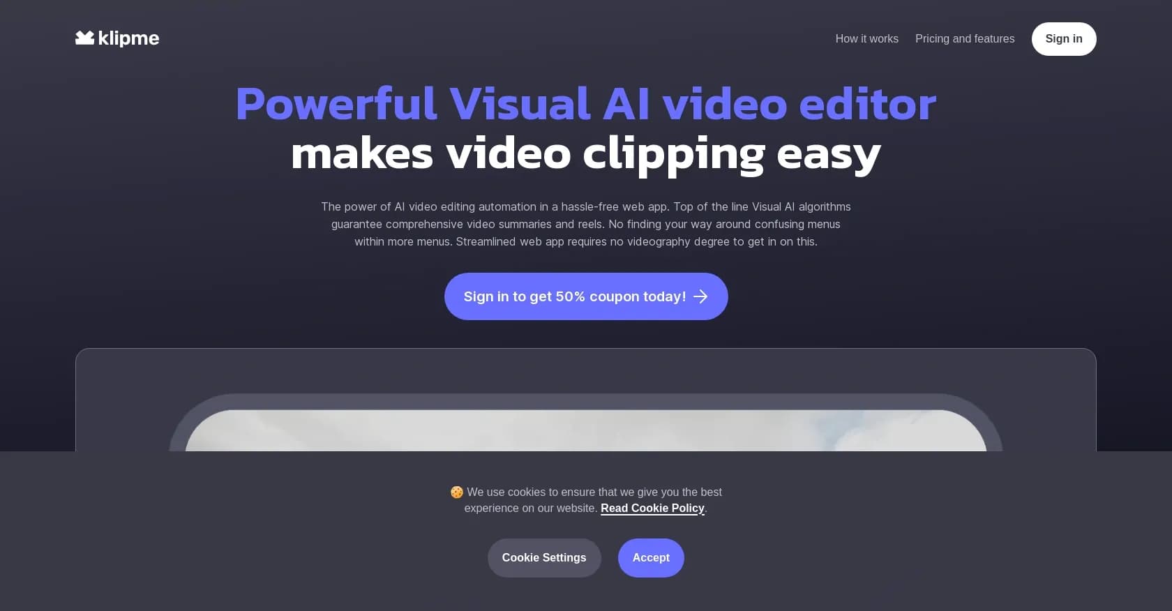 Klipme homepage screenshot — AI-powered video editor for effortless clips and reels