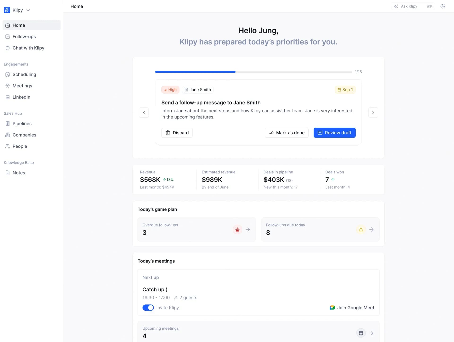 Klipy homepage screenshot — Actually automatic, simple CRM