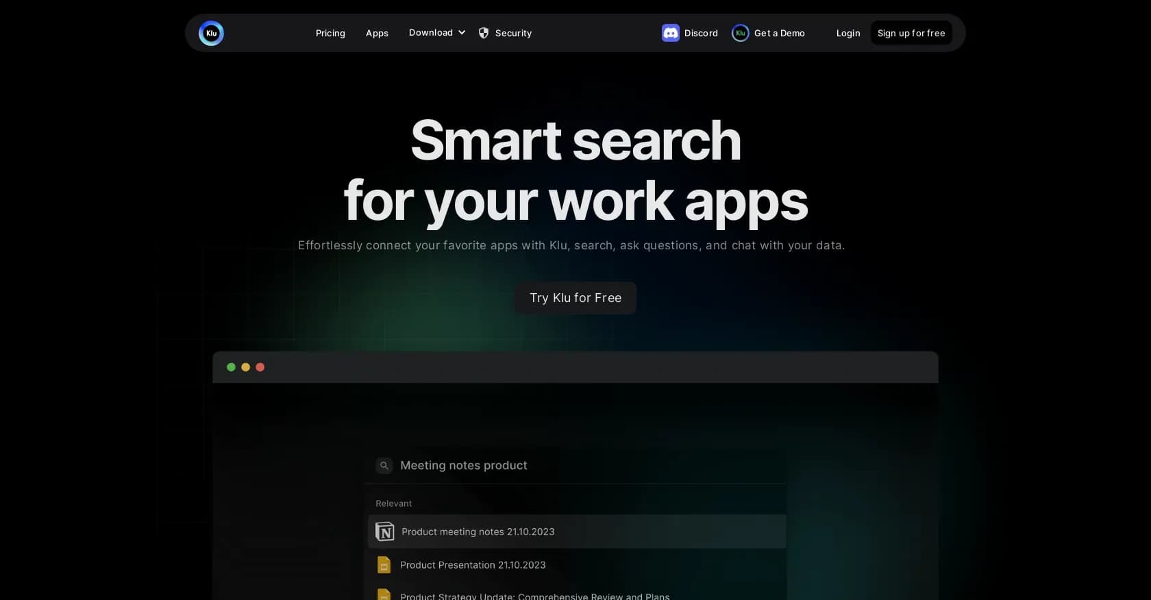 Klu AI homepage screenshot — Organize scattered information for easy team access.