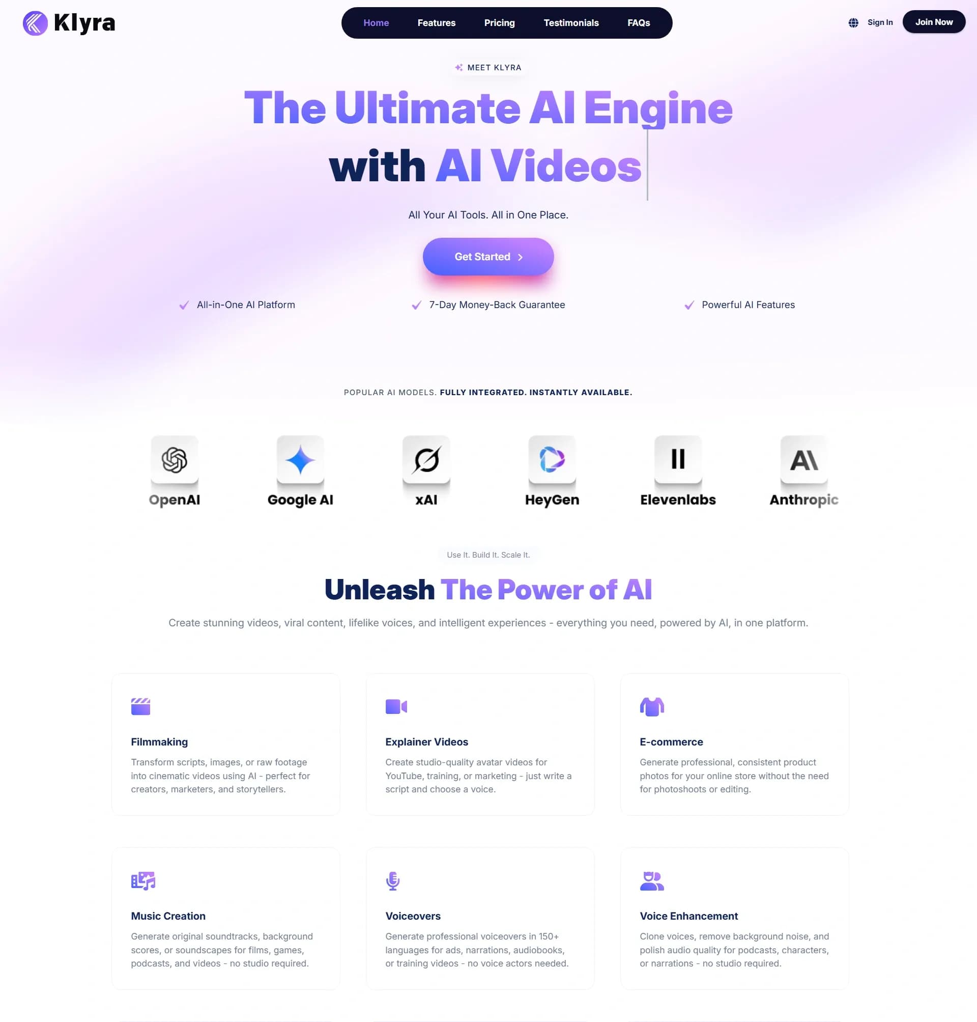 Klyra AI homepage screenshot — All-in-One AI Platform for Content Creation, Images, Videos 