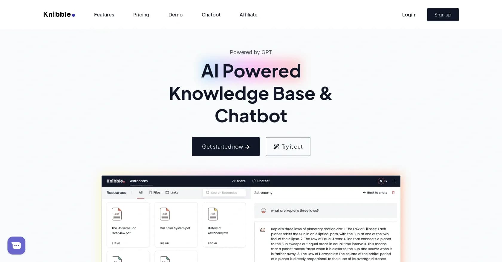 Knibble homepage screenshot — Instant answers from your AI-powered knowledge base