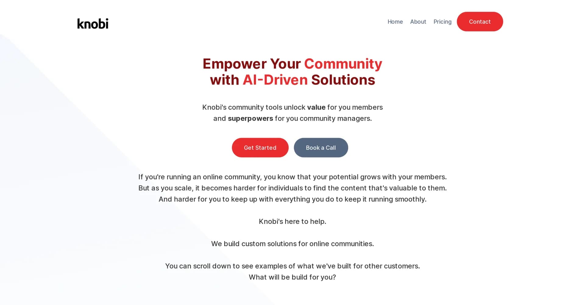 Knobi homepage screenshot — Empower communities with AI-driven solutions
