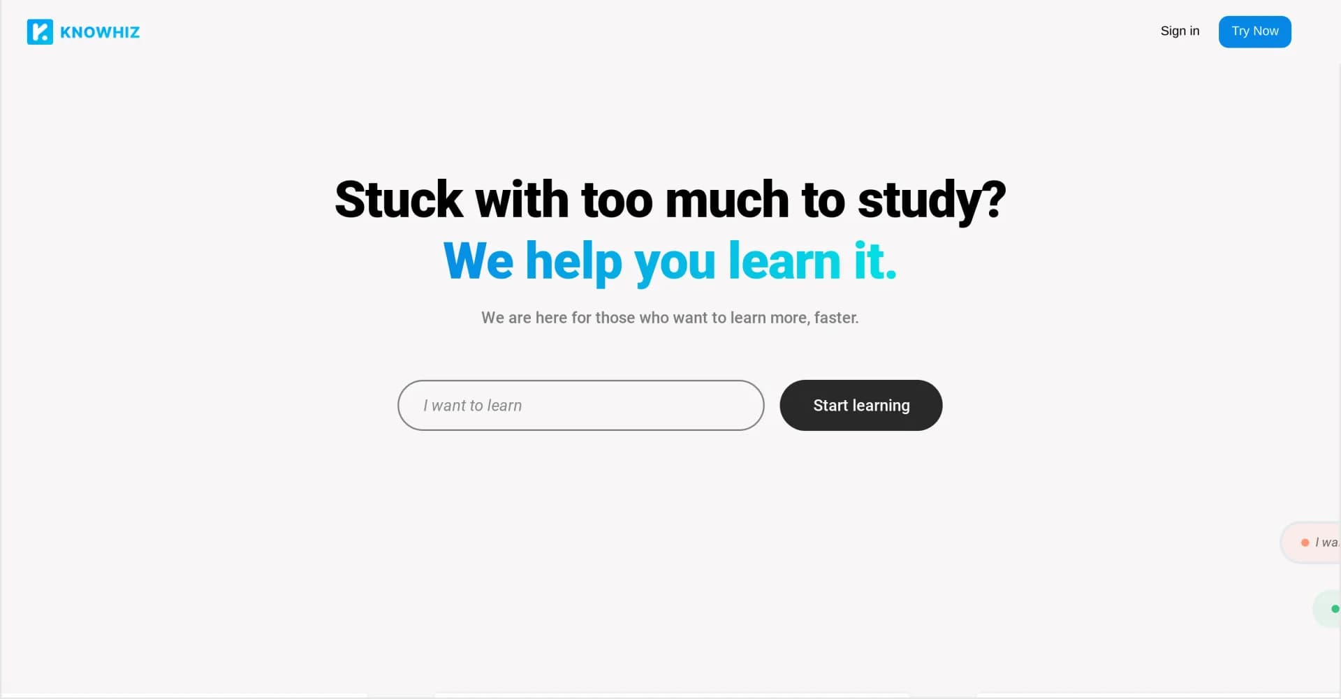 KnoWhiz homepage screenshot — Unlock faster, simpler learning with AI-powered tools.