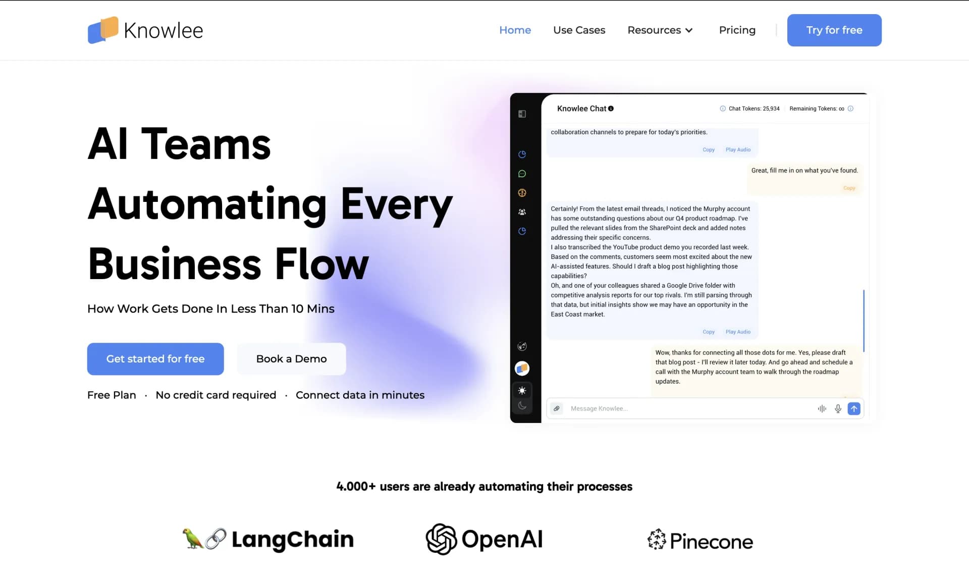 Knowlee homepage screenshot — AI Teams Automating Every Business Flow