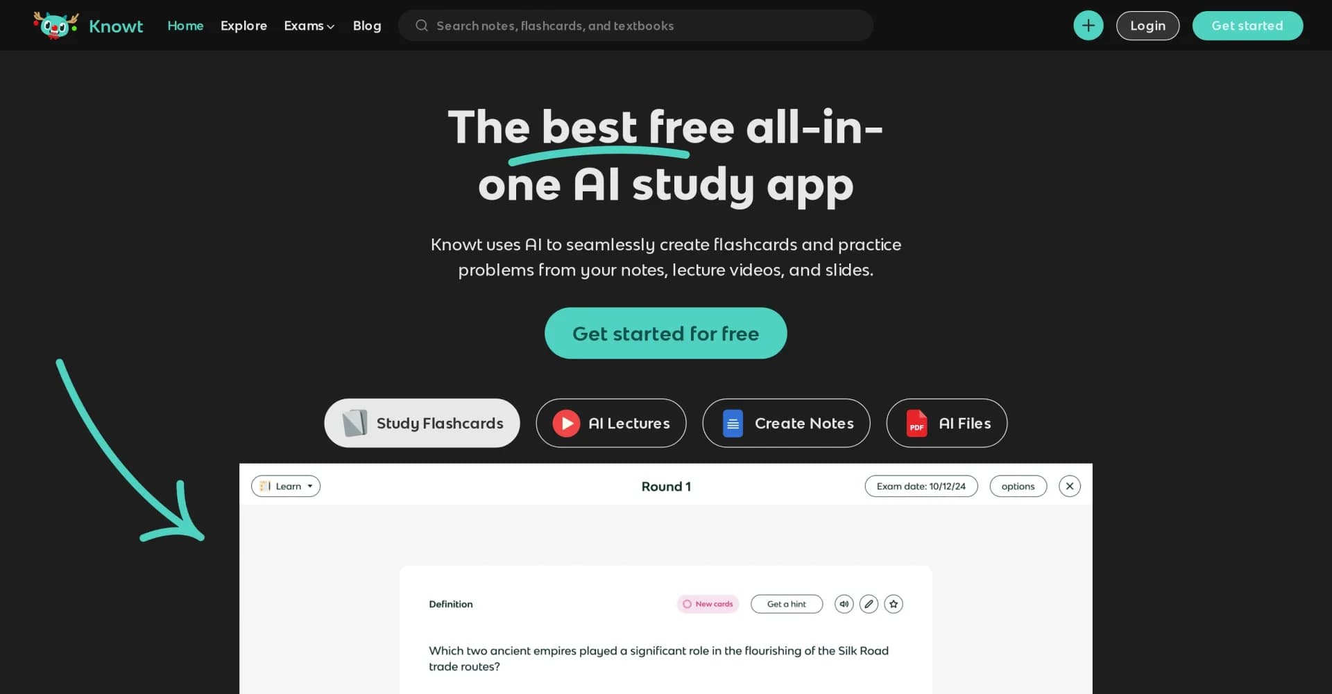 Knowt homepage screenshot — AI-powered flashcards and study guides for effortless learni