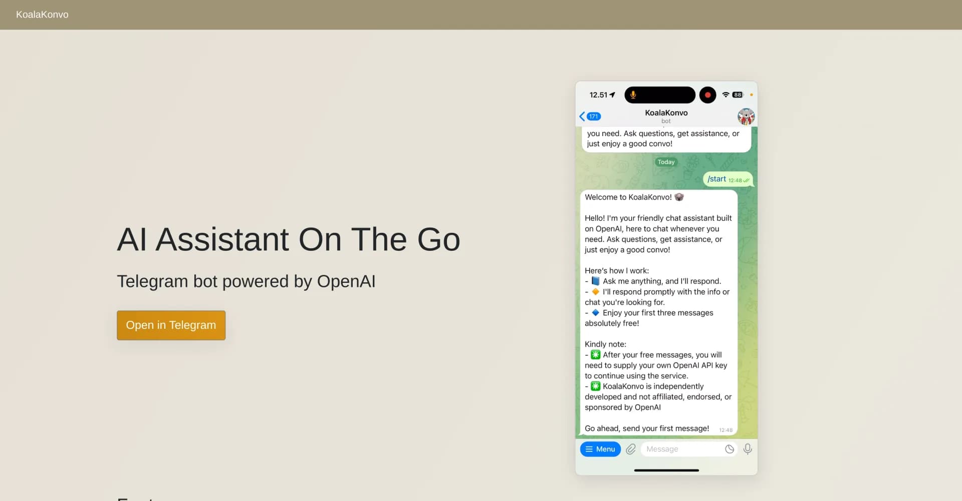 KoalaKonvo - AI Assistant for Telegram homepage screenshot — Your AI assistant on Telegram, powered by OpenAI.