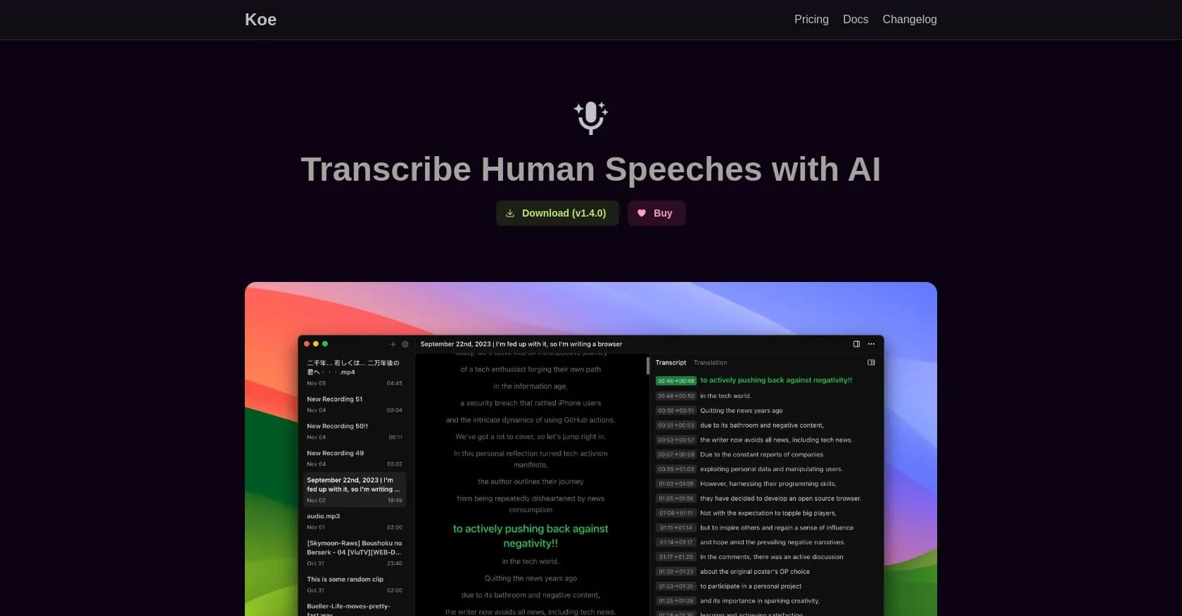 Koe App homepage screenshot — AI-powered transcription for audio and video files