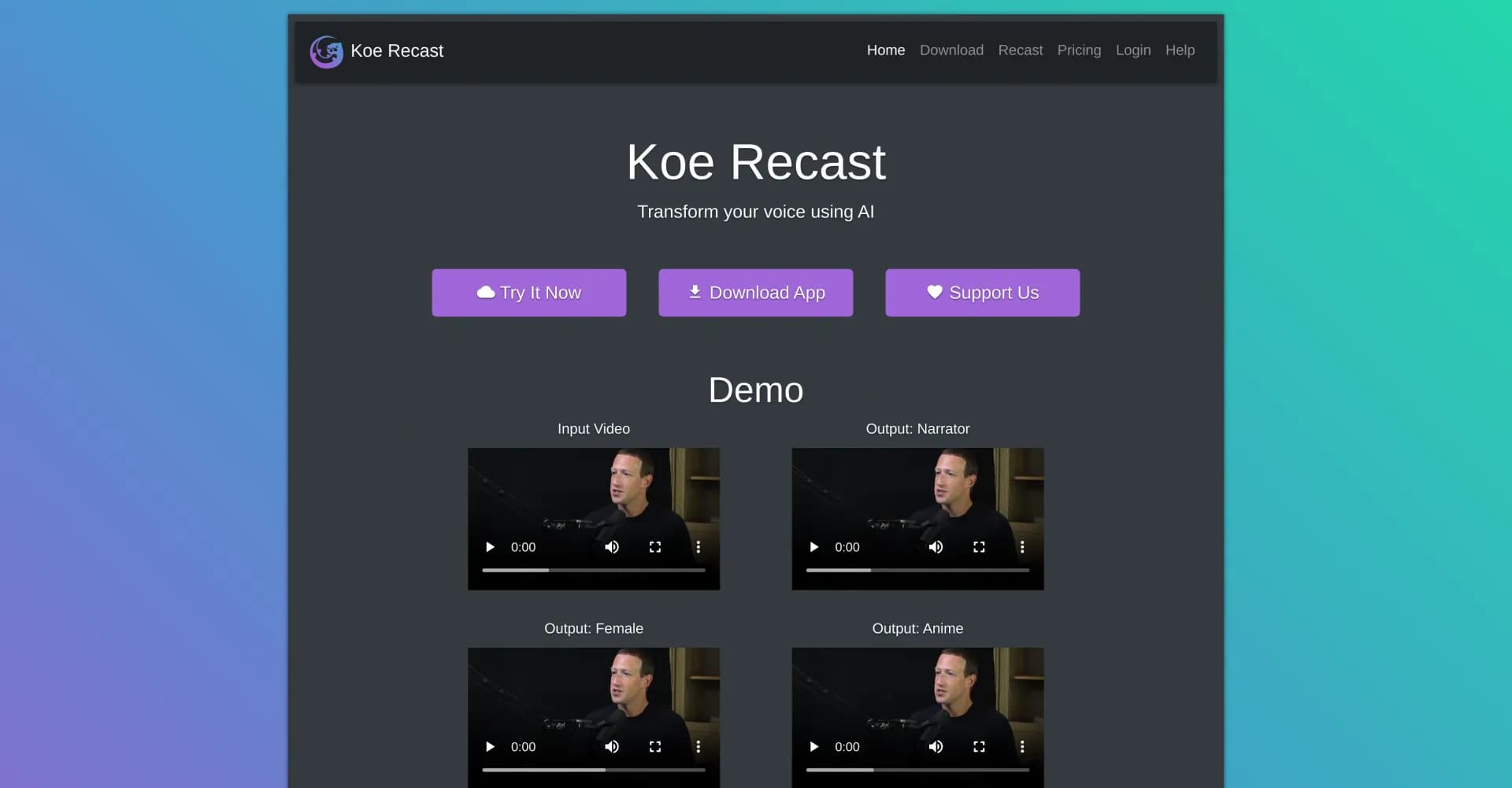 Koe Recast homepage screenshot — Transform your voice with AI