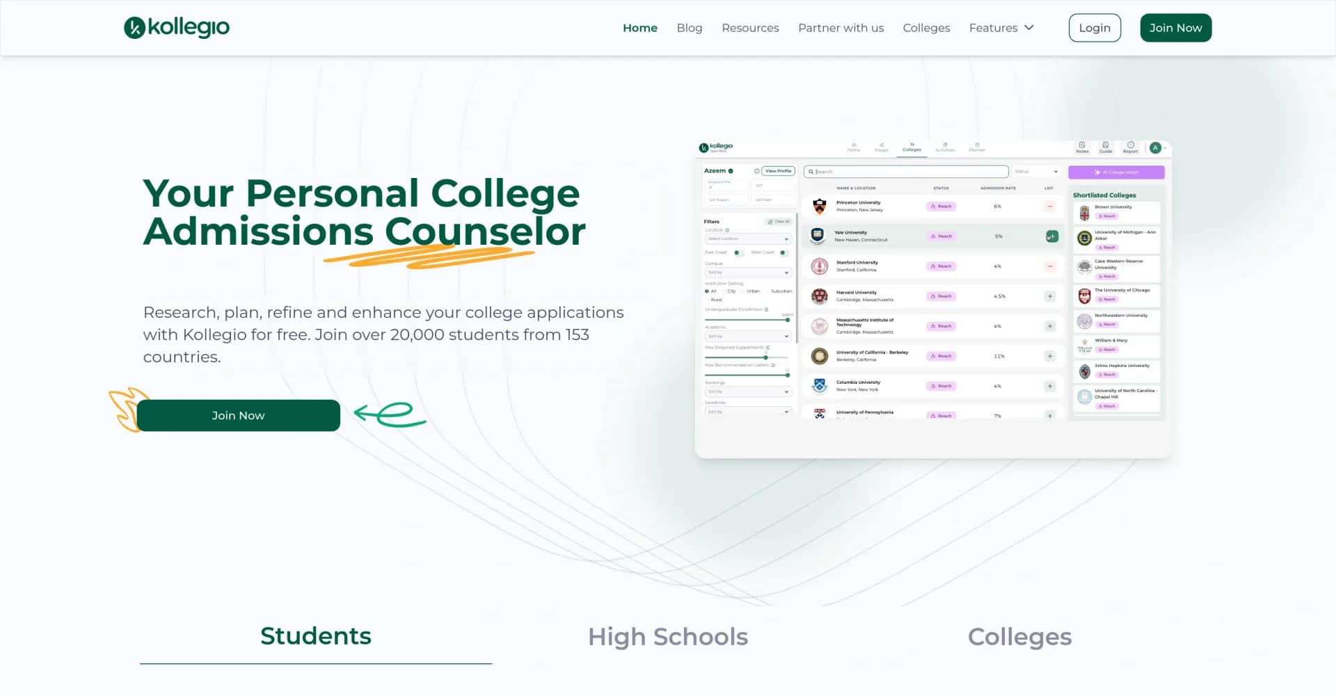 Kollegio AI homepage screenshot — AI-powered college counseling for free