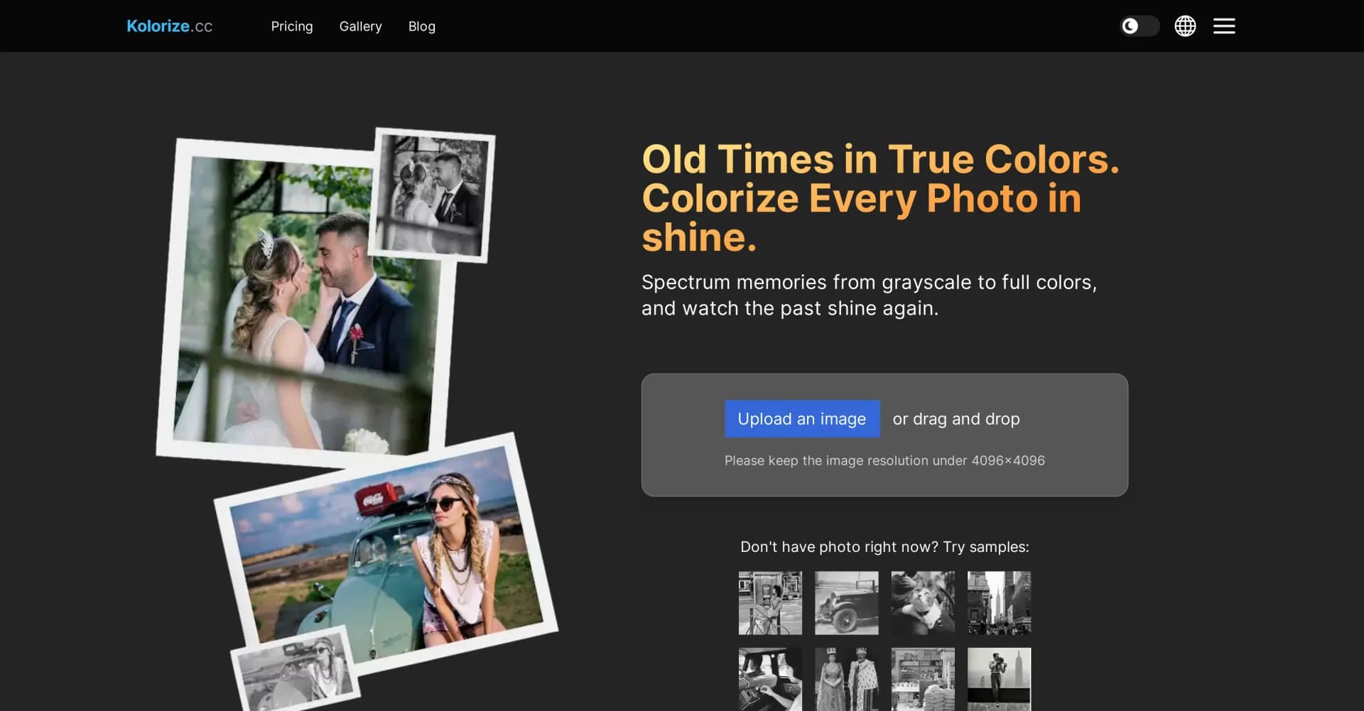 Kolorize homepage screenshot — Breathe color into black and white photos with AI.