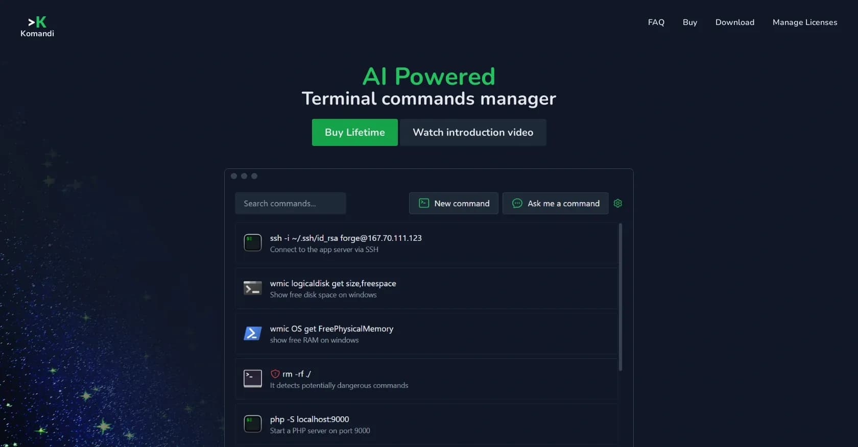 Komandi homepage screenshot — AI-powered CLI commands at your fingertips.