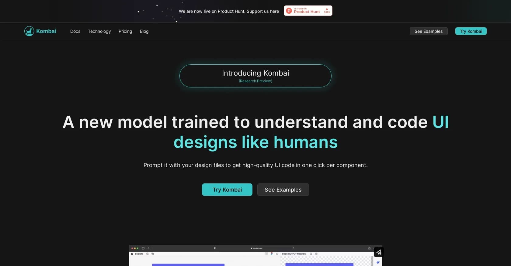 Kombai homepage screenshot — Effortlessly convert Figma designs to flawless code.