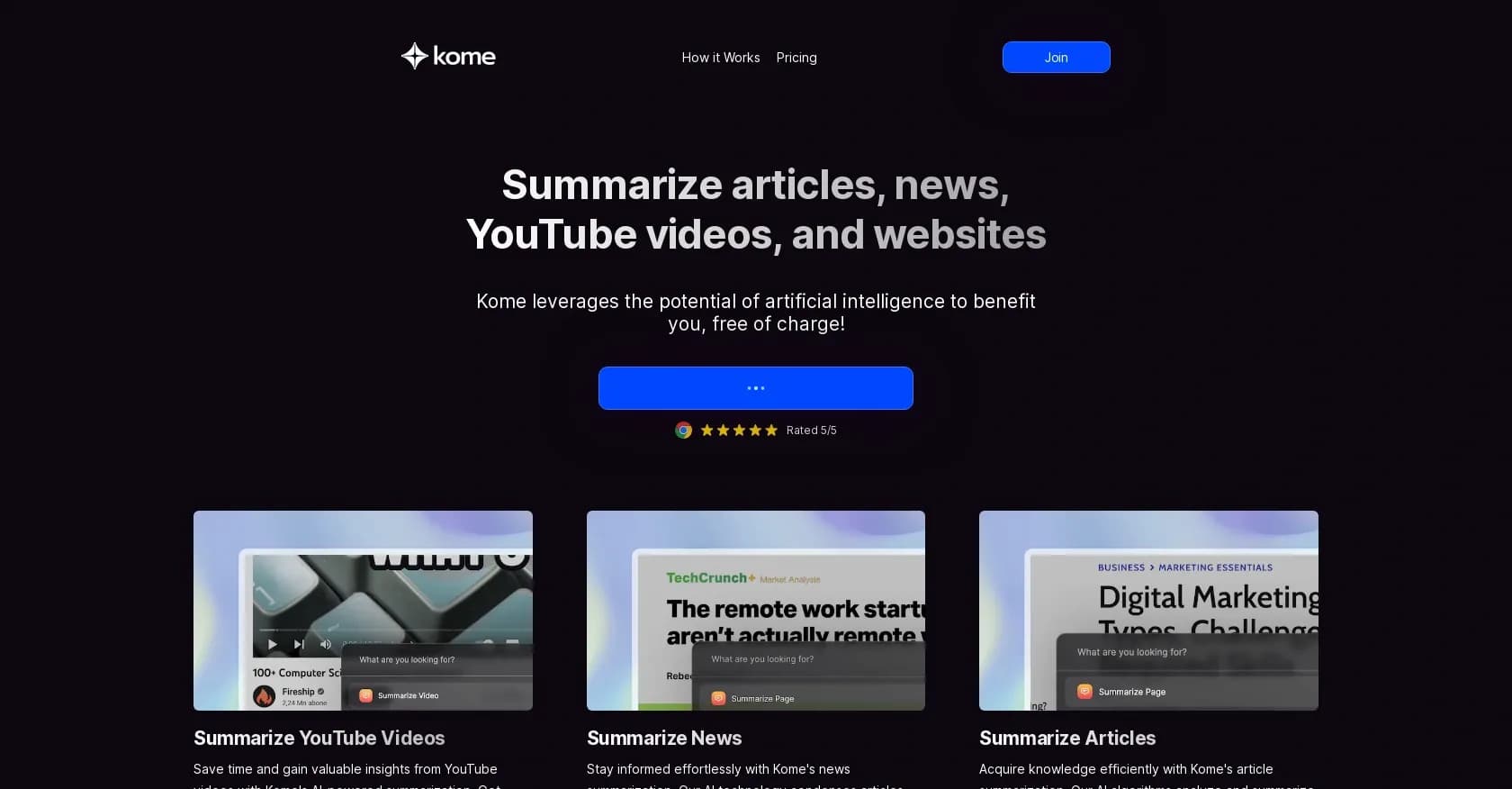 Kome Summaries homepage screenshot — Summarize content instantly with AI
