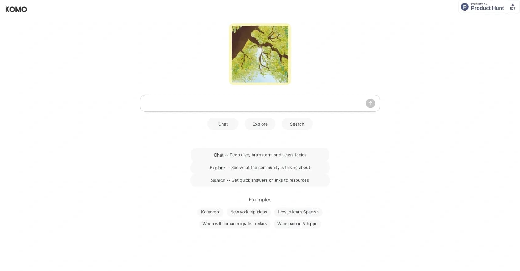 Komo AI homepage screenshot — AI-powered search: Private, fast, ad-free.