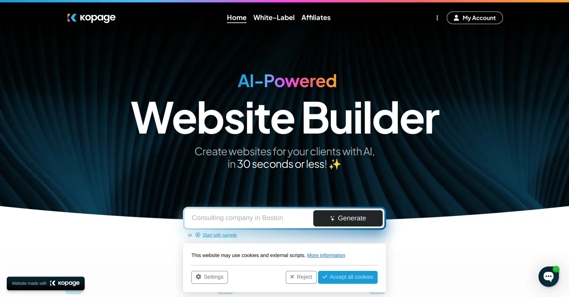 Kopage - White-Label AI Website Builder homepage screenshot — Create websites for your clients with AI, in 30 seconds or l