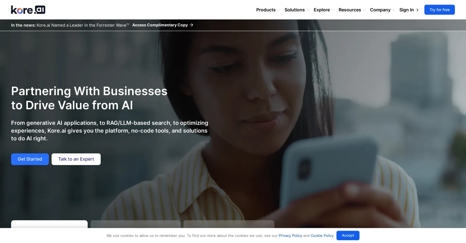 Kore.ai homepage screenshot — Automate interactions with AI assistants