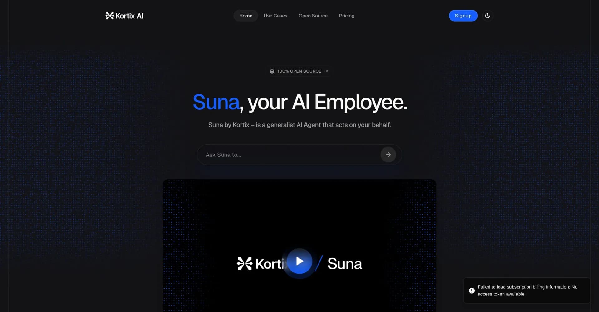 Kortix Suna homepage screenshot — Suna: Your open-source AI employee for real-world tasks