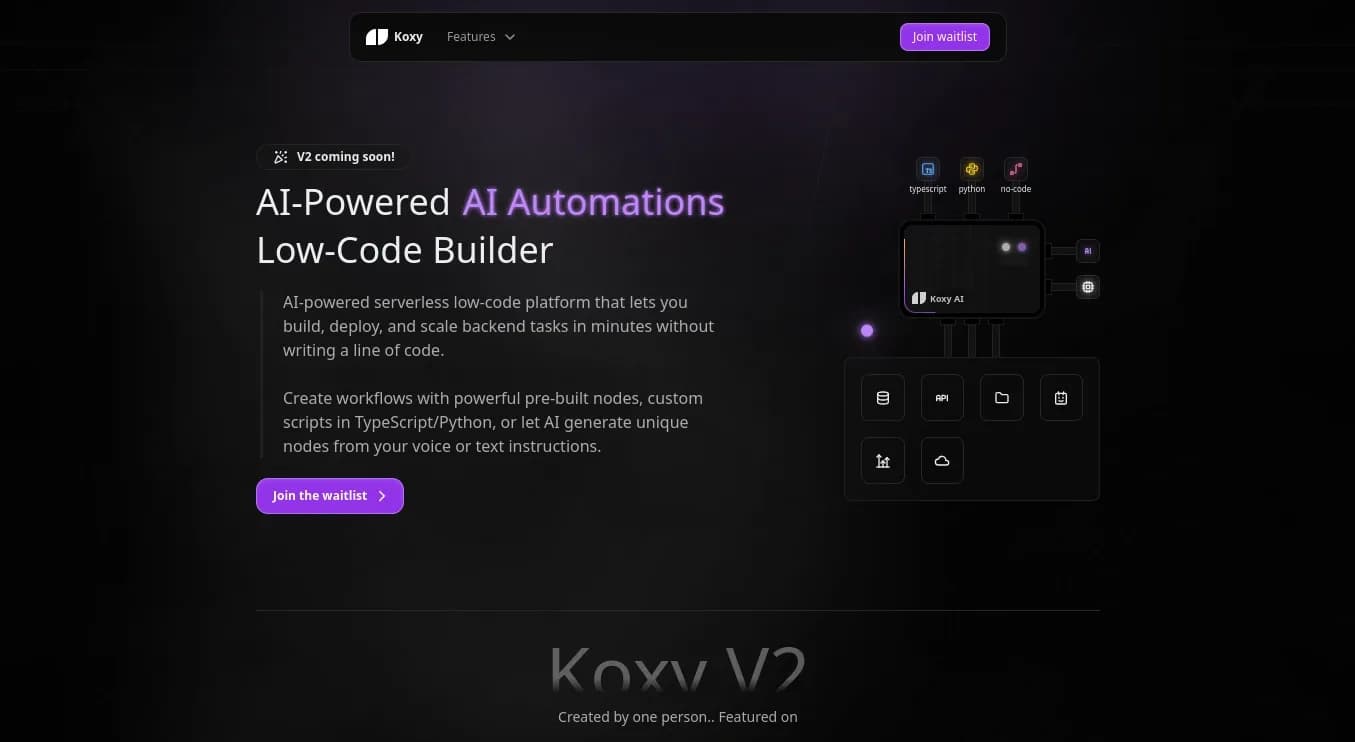 Koxy homepage screenshot — Serverless Backend & AI Automations Low-Code Builder