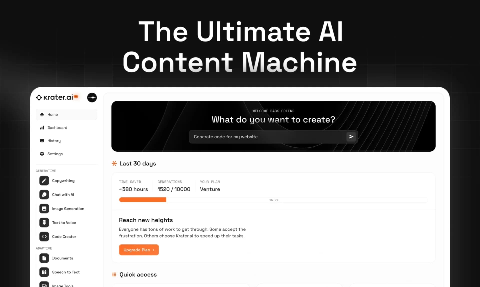 Krater.ai homepage screenshot — All-in-one AI SuperApp: Generate AI Images, Videos & Texta