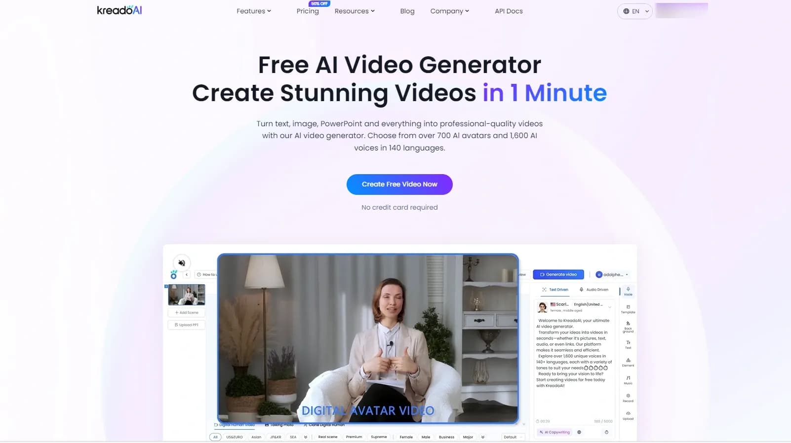 KreadoAIv4.0 homepage screenshot — Create AI-powered multilingual videos with digital avatars