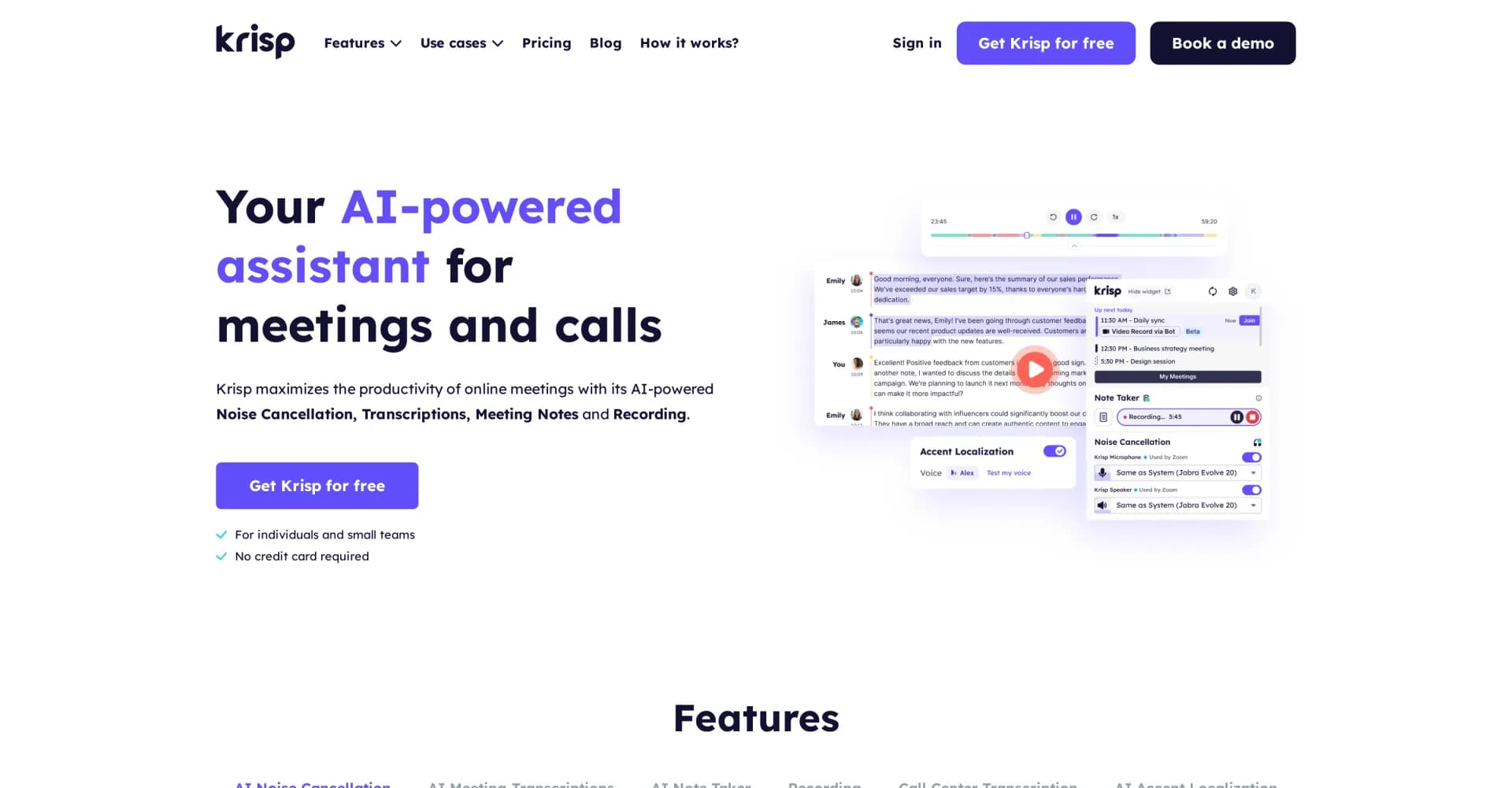 Krisp homepage screenshot — Cancel noise and transcribe meetings with AI.