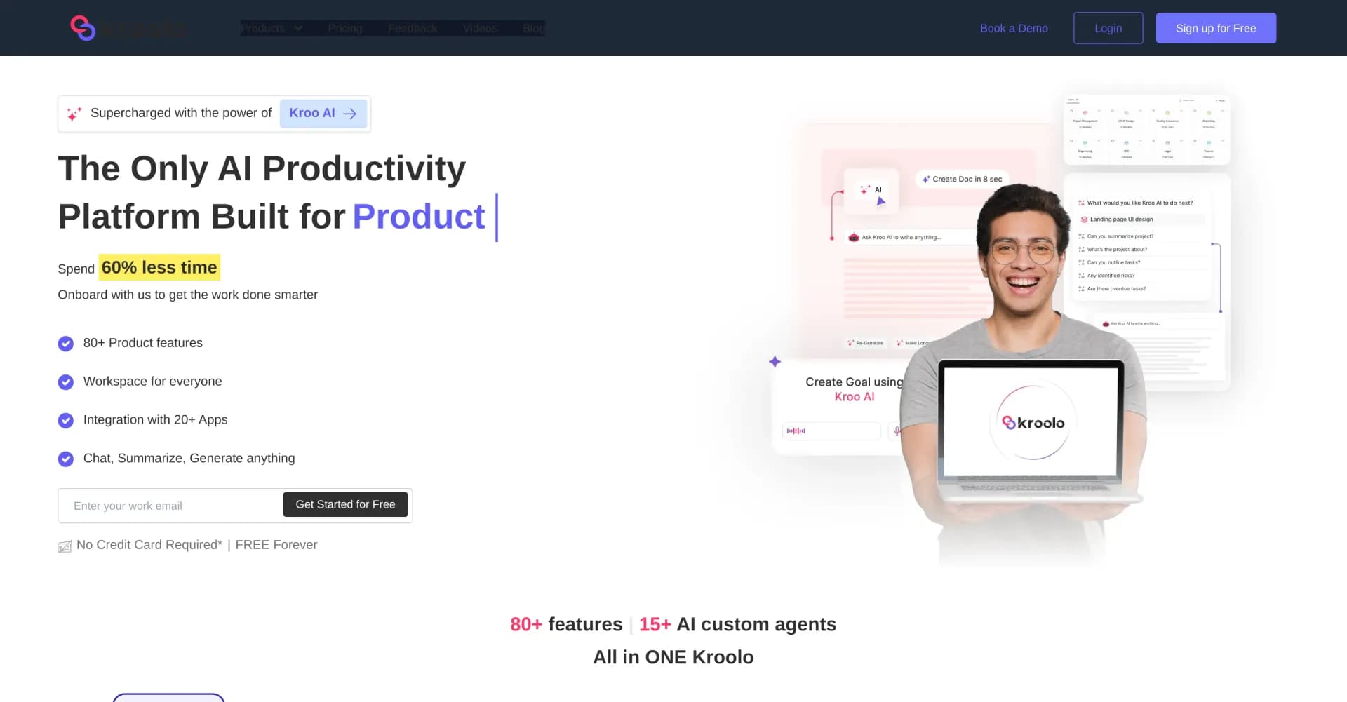 Kroolo homepage screenshot — AI-powered productivity management for teams.