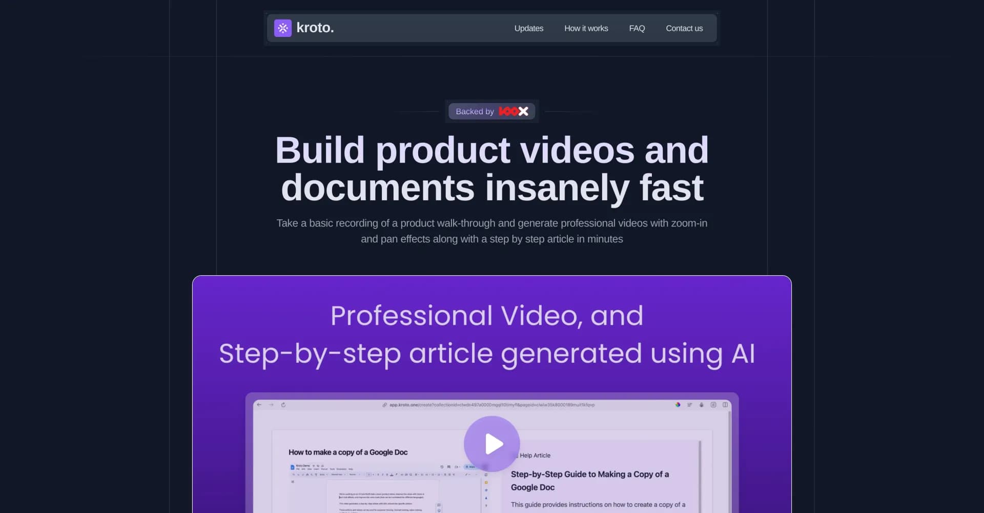 Kroto One homepage screenshot — Build product videos and documents insanely fast.