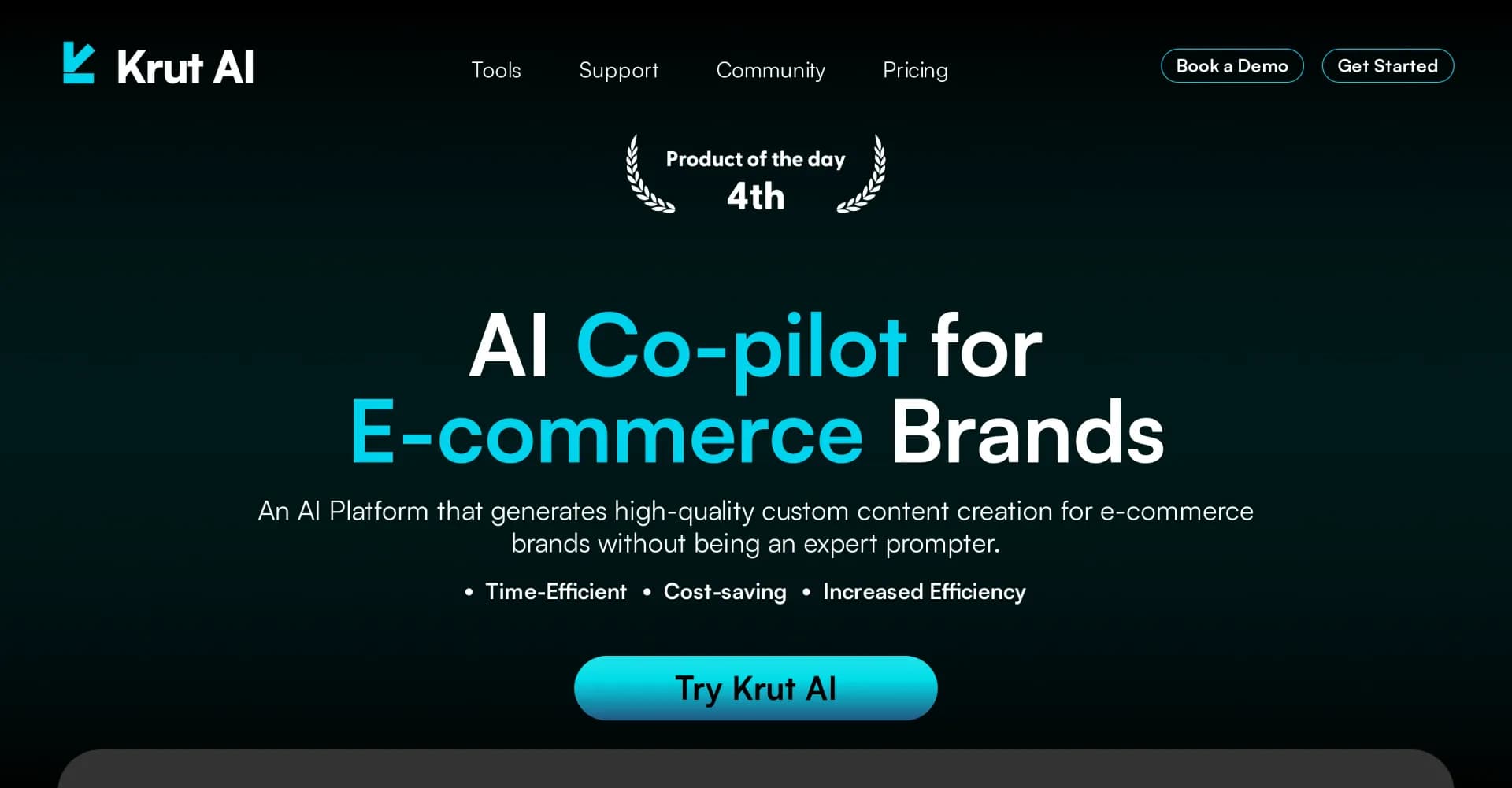 Krut AI homepage screenshot — AI co-pilot for e-commerce brands