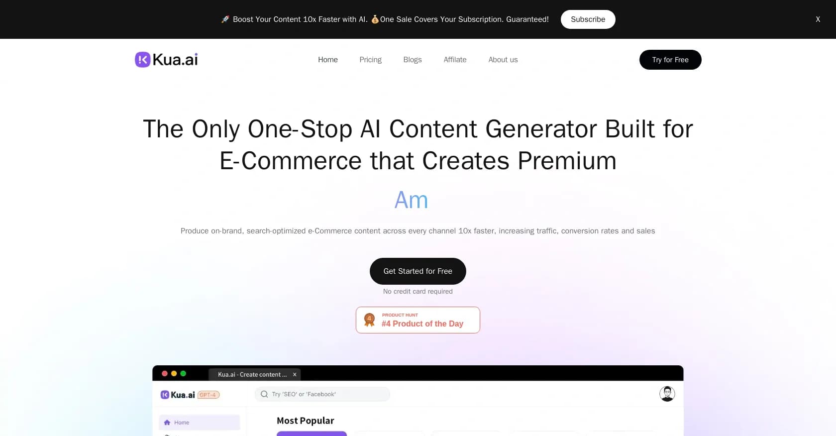 Kua.ai homepage screenshot — AI content generator for e-commerce growth