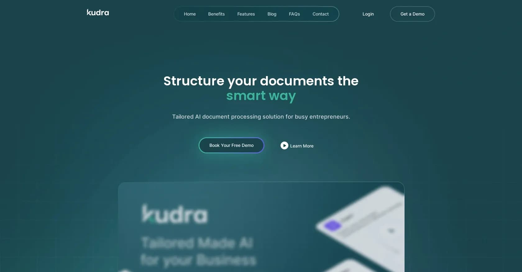 Kudra homepage screenshot — Structure your documents the smart way