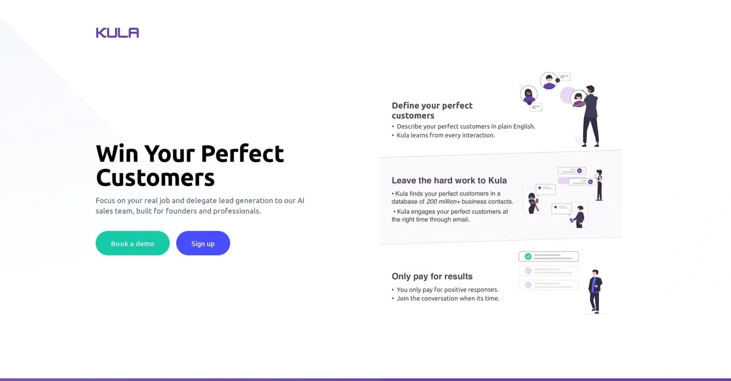 Kula homepage screenshot — Delegate lead generation to our AI sales team