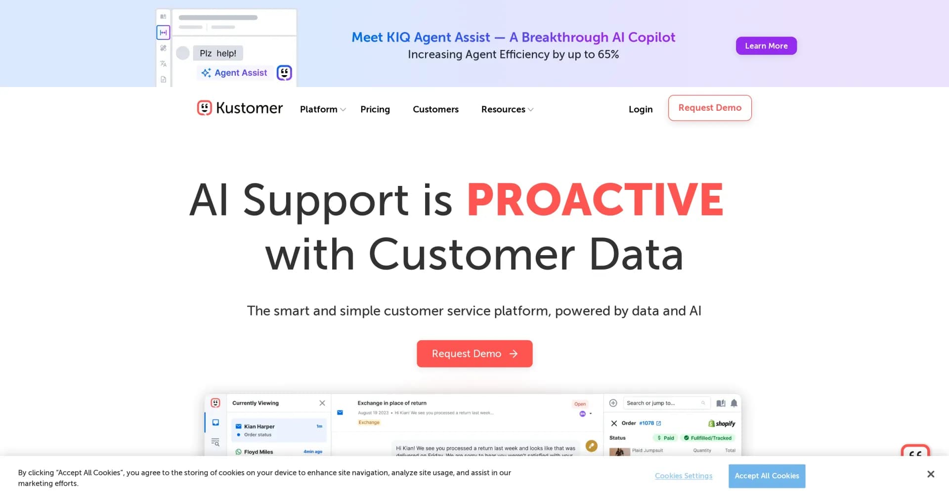 Kustomer homepage screenshot — AI-powered CRM for exceptional customer service
