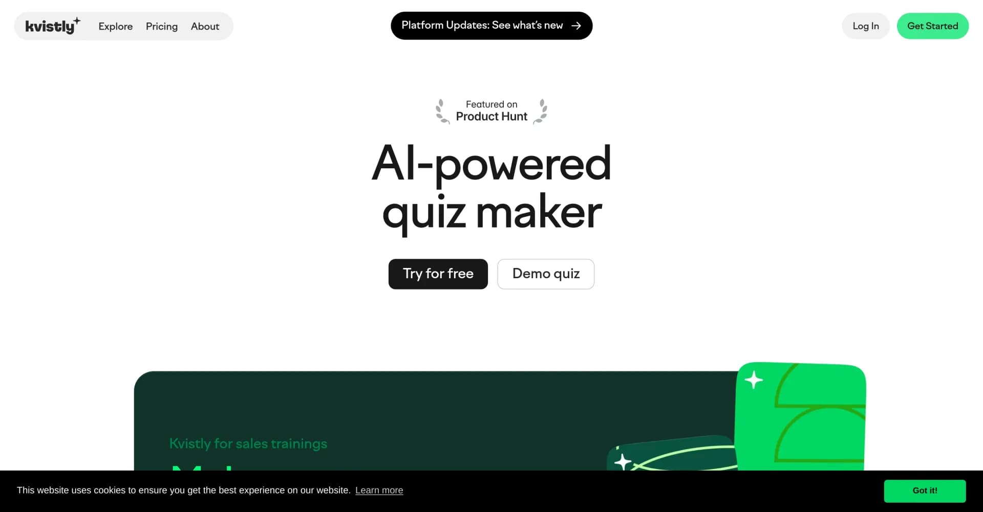 Kvistly homepage screenshot — AI-powered quizzes for engaging trainings and events.
