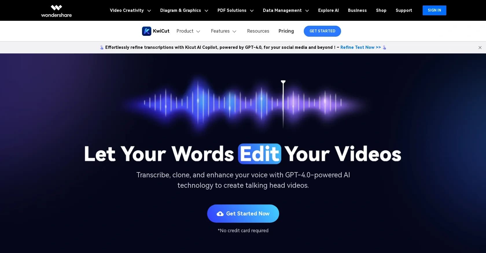 KwiCut homepage screenshot — Edit videos with AI-powered text commands.