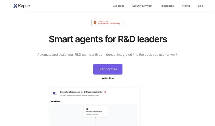 Kypso homepage screenshot — AI agents for R&D leaders