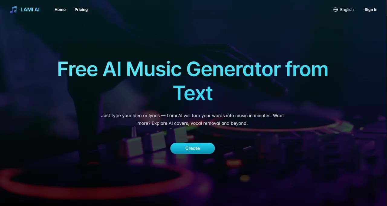 Lami AI Music Generator homepage screenshot — Turn text into music in minutes.