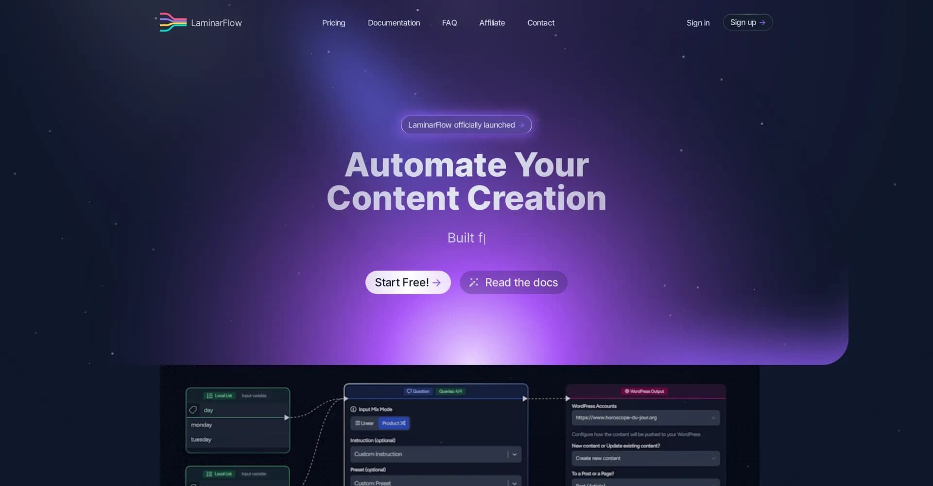 LaminarFlow homepage screenshot — Automate content creation and publication processes