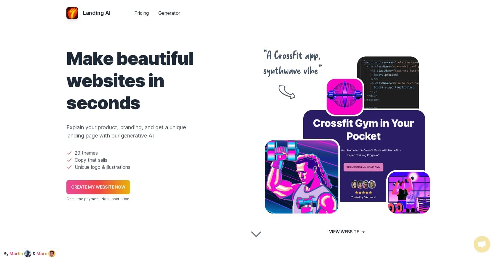 Landing AI homepage screenshot — Make stunning landing pages with AI in seconds